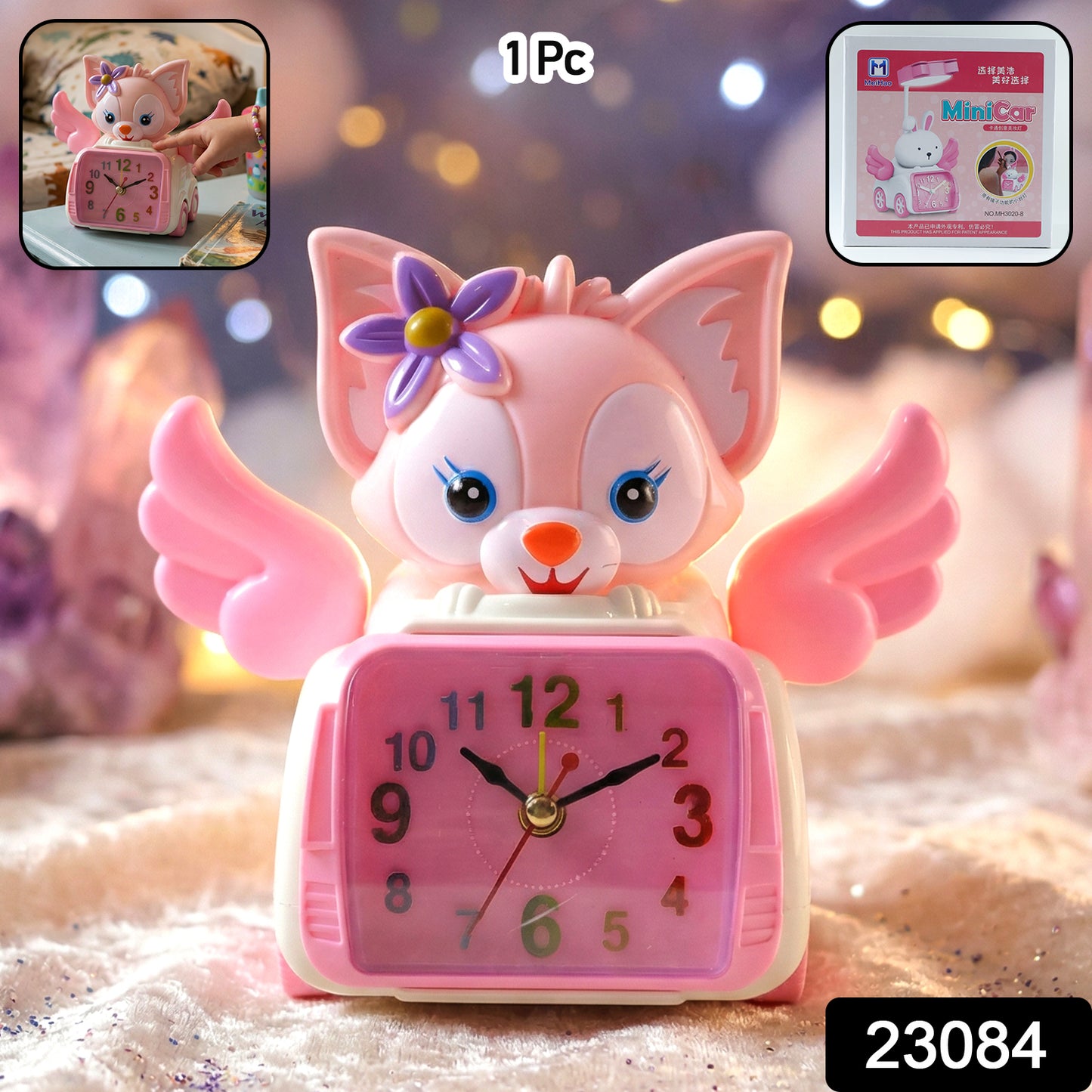 Wukusy angel cat car design kids alarm clock with colorful cartoon cat and car illustrations, perfect for children's bedrooms.