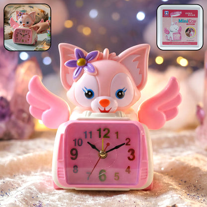 Wukusy adorable angel cat and car design kids alarm clock with colorful display and cute angel cat illustration.