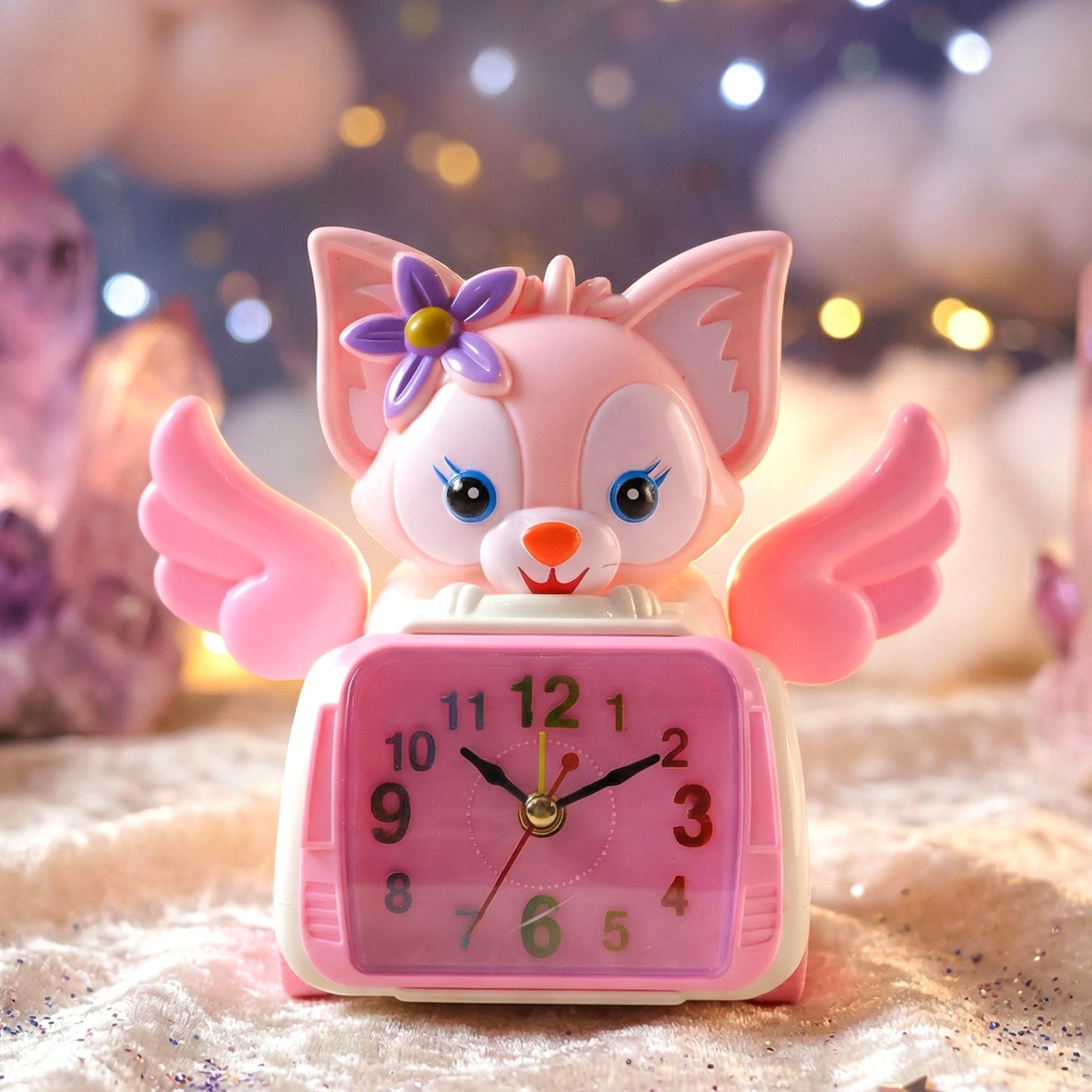 Wukusy angel cat car design kids alarm clock with adorable cat face and colorful car details, perfect for children's bedrooms.