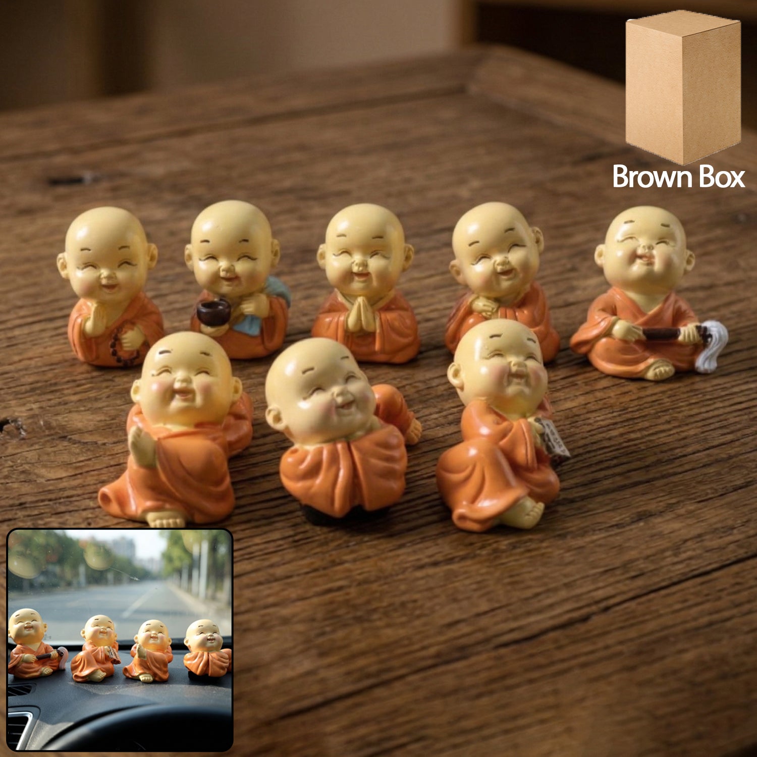 Set of eight mini Buddha monk idols by Wukusy, featuring detailed, adorable miniature Buddha figures for spiritual decor.