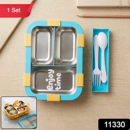 Wukusy stainless steel 3-compartment lunch box with spoon and fork, 600ml, airtight, durable food storage container.