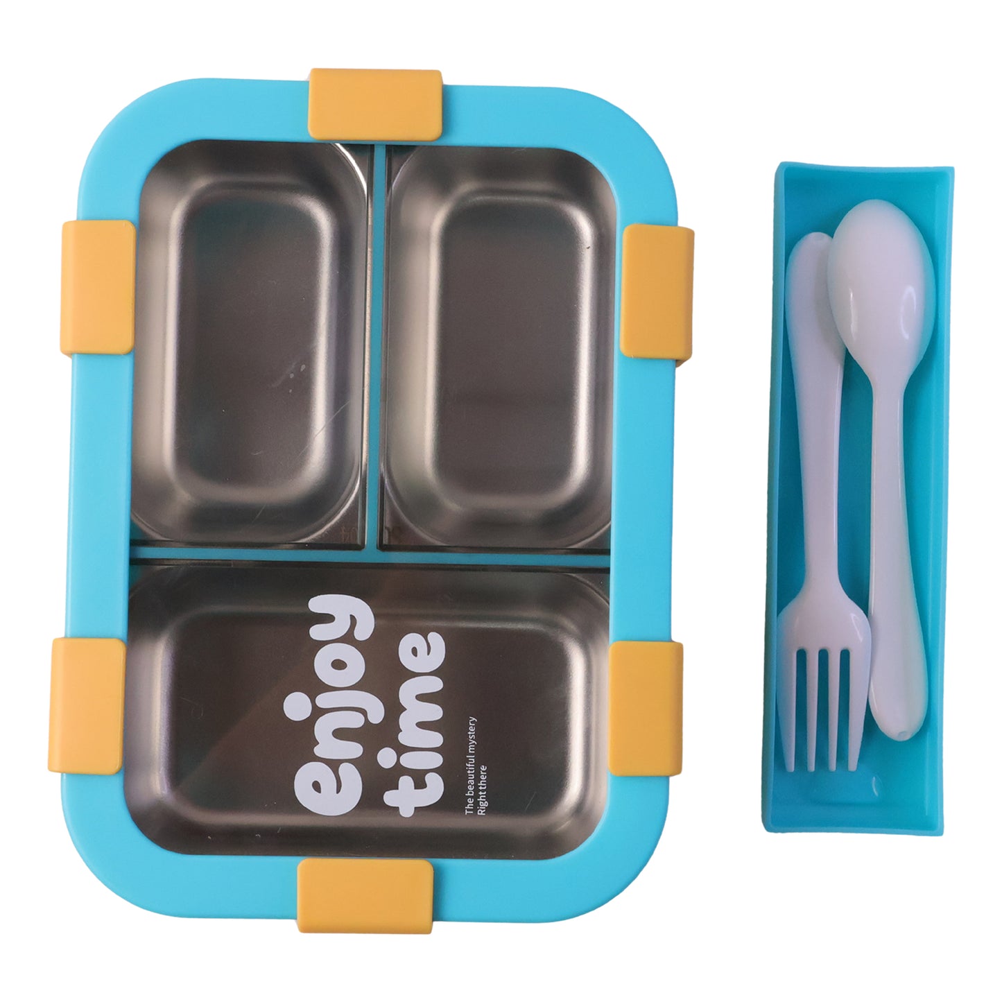 Wukusy stainless steel lunch box with 3 compartments, spoon, and fork, 600ml capacity, airtight and durable for meal storage
