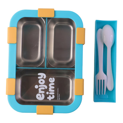 Wukusy stainless steel lunch box with 3 compartments, spoon, and fork, 600ml capacity, airtight and durable for meal storage
