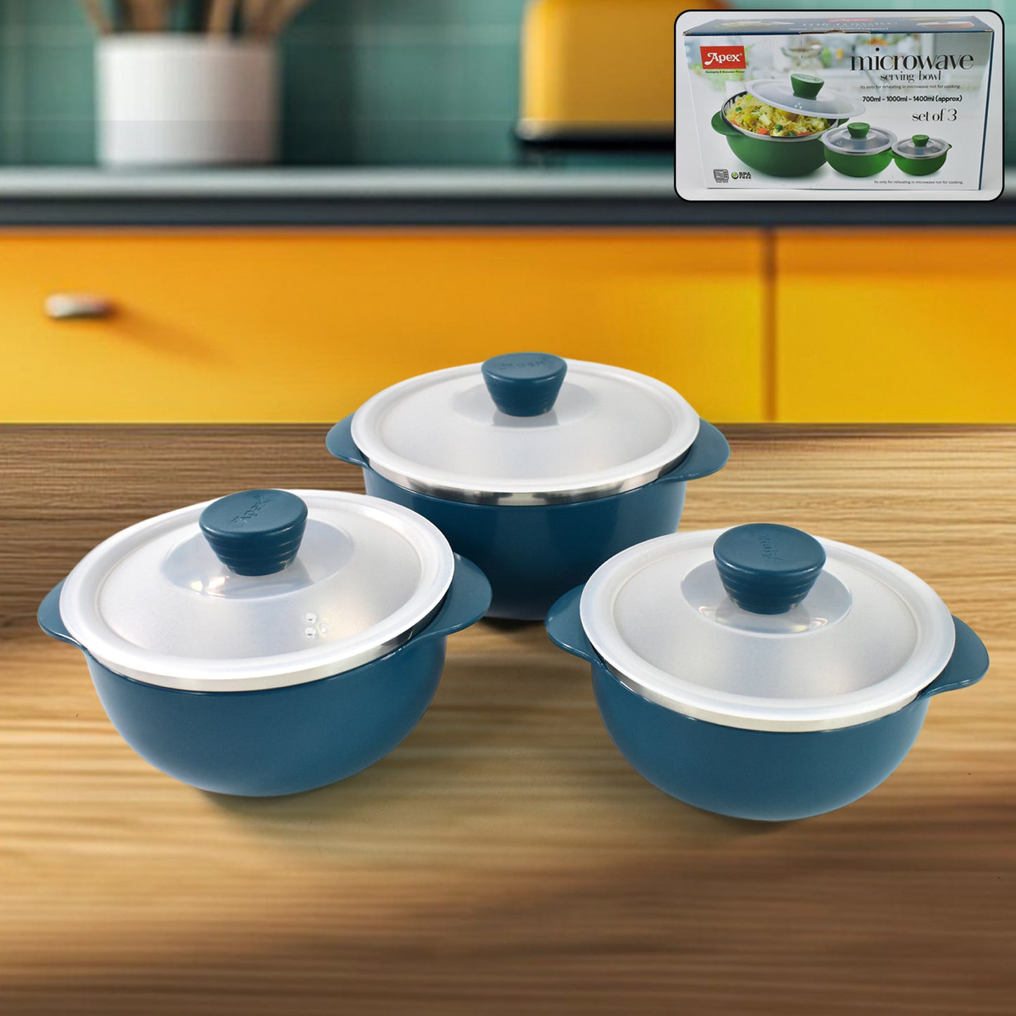 Wukusy Apex microwave-safe serving bowl set with three glass bowls in 700ml, 1000ml, and 1400ml sizes for food serving.