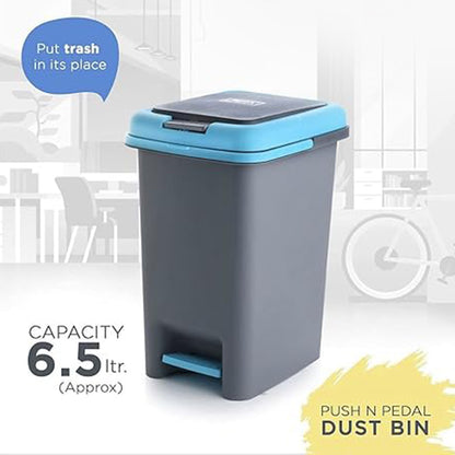 Wukusy Apex plastic push and pedal dust bin, 6.5-liter capacity, compact design, in mixed colors, hands-free operation.