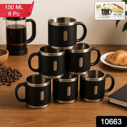 Six Wukusy Apex premium stainless steel double wall coffee mugs, 150 ml each, in a stylish gift set.