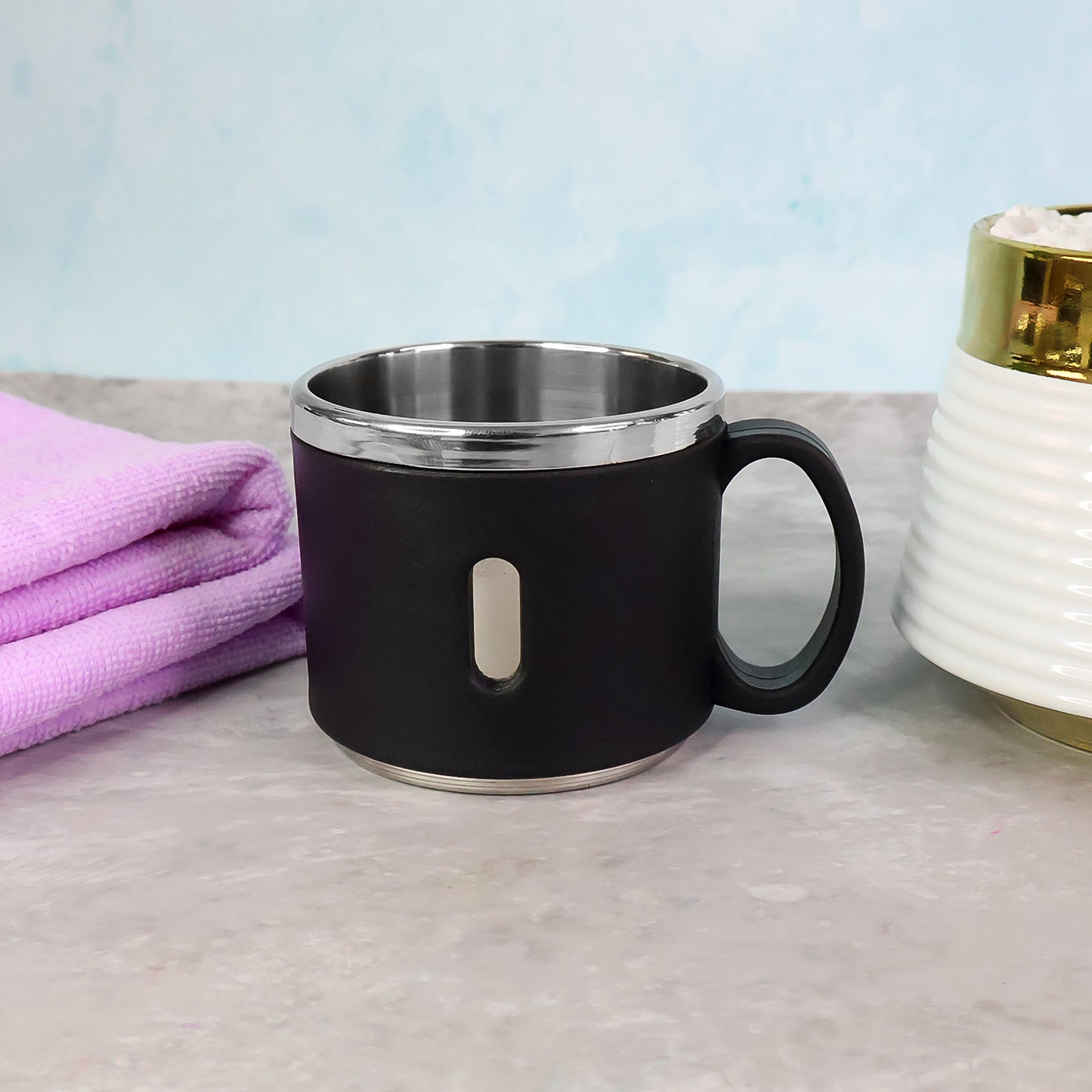 Set of six Wukusy Apex premium stainless steel double wall coffee mugs, 150 ml, ideal for hot beverages and gift-giving.
