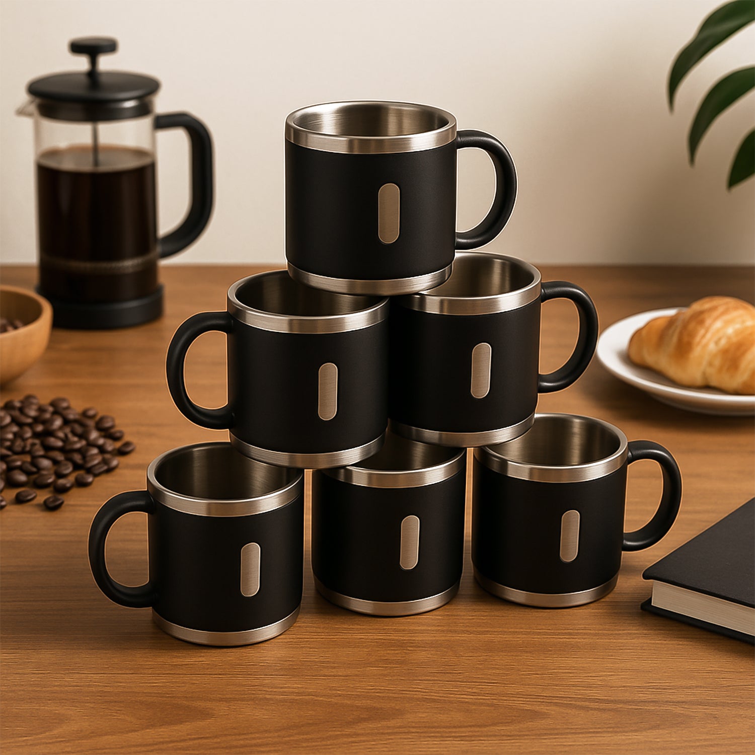 Wukusy Apex premium stainless steel double wall coffee mug gift set with six 150 ml mugs, ideal for hot beverages.