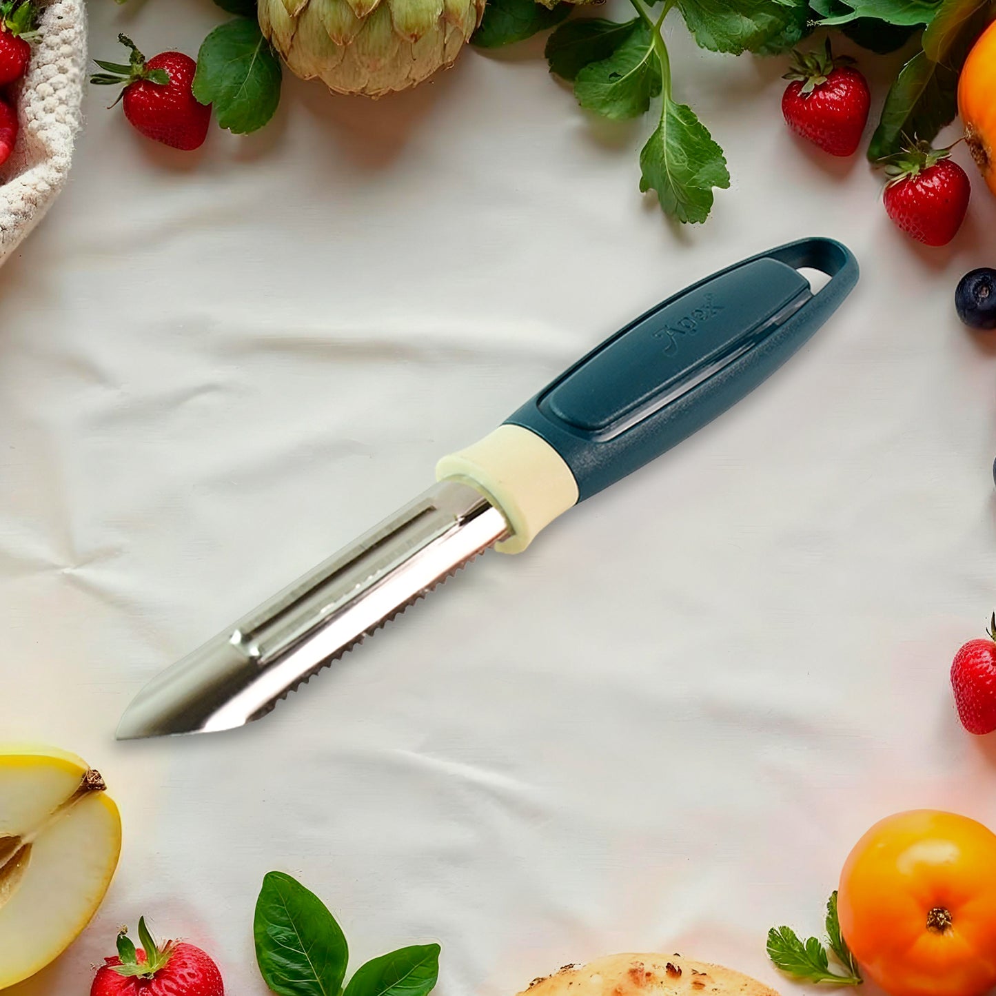 Wukusy Apex stainless steel blade potato peeler with ergonomic handle and sharp peeling blade for efficient vegetable preparation.