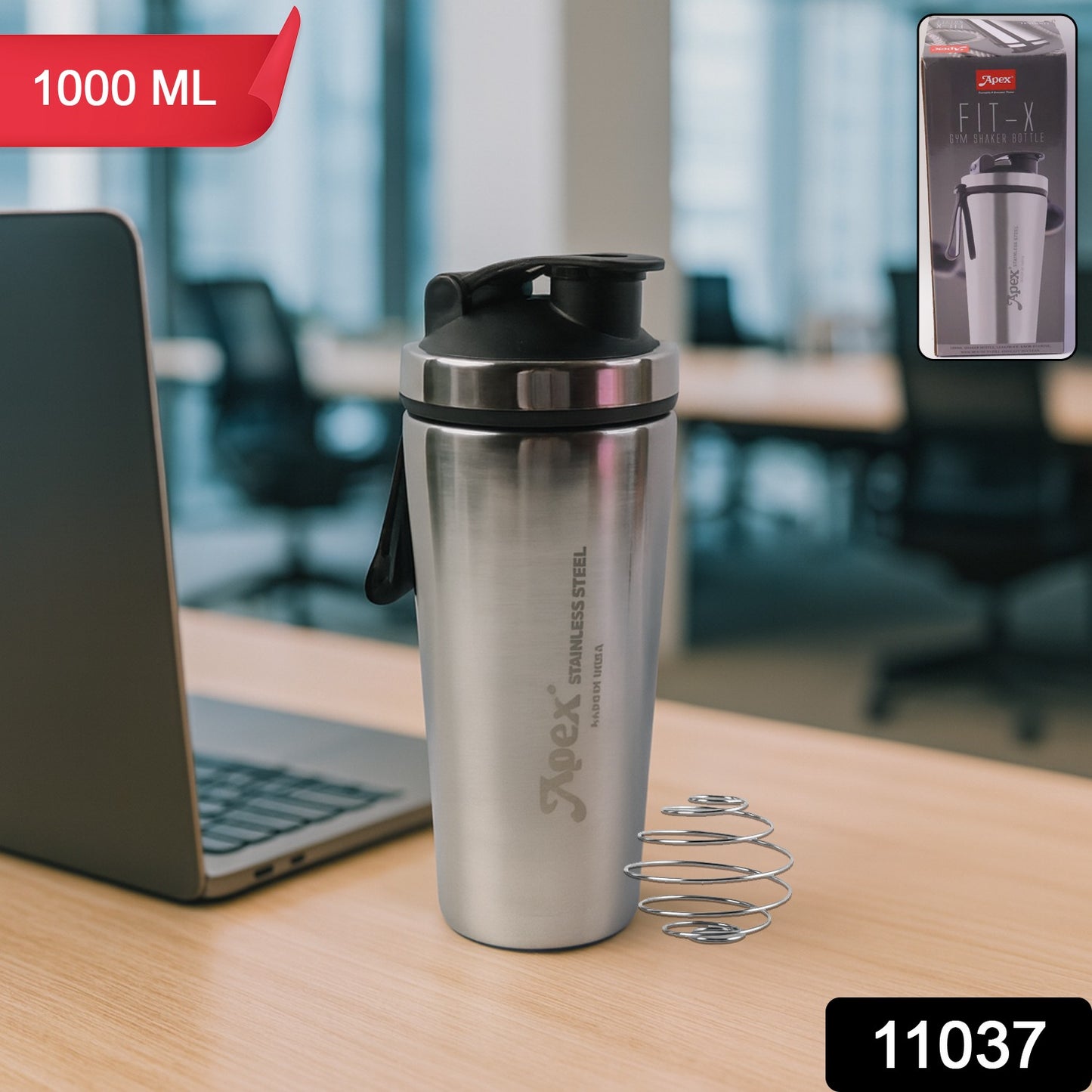 Wukusy Apex stainless steel gym shaker bottle with spring, 1000ml capacity, designed for protein shakes and fitness drinks