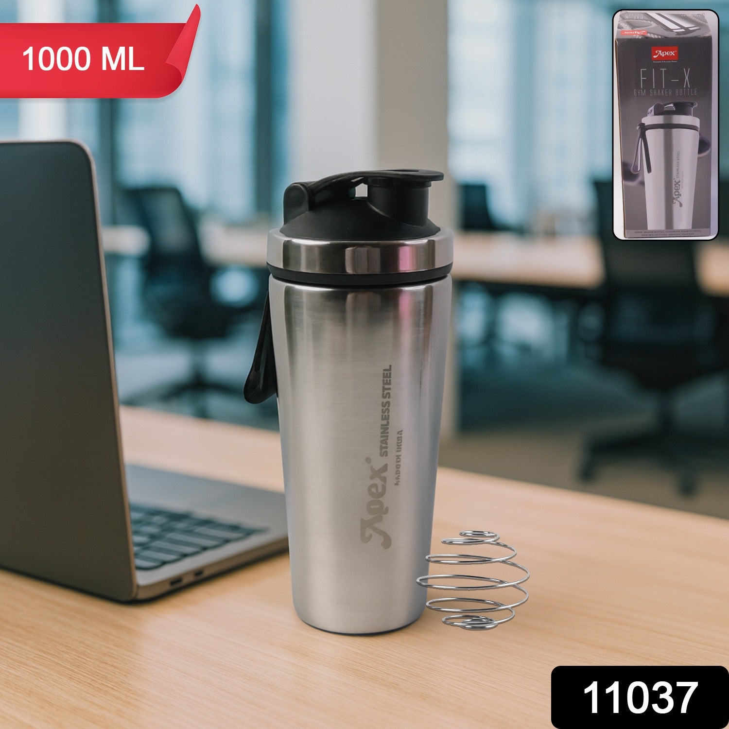 Wukusy Apex stainless steel gym shaker bottle with spring, 1000ml capacity, designed for protein shakes and fitness drinks