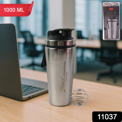 Wukusy Apex stainless steel gym shaker bottle with spring, 1000ml capacity, designed for protein shakes and fitness drinks