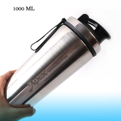 Wukusy Apex stainless steel gym shaker bottle with spring, 1000ml capacity, suitable for protein shakes and workout drinks.