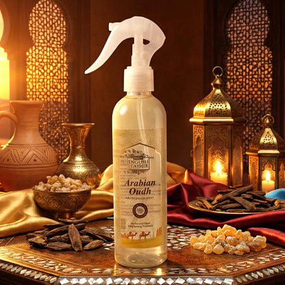 Wukusy Arabian Oudh air freshener spray for home, room, and office use, 250 ml bottle with elegant design.