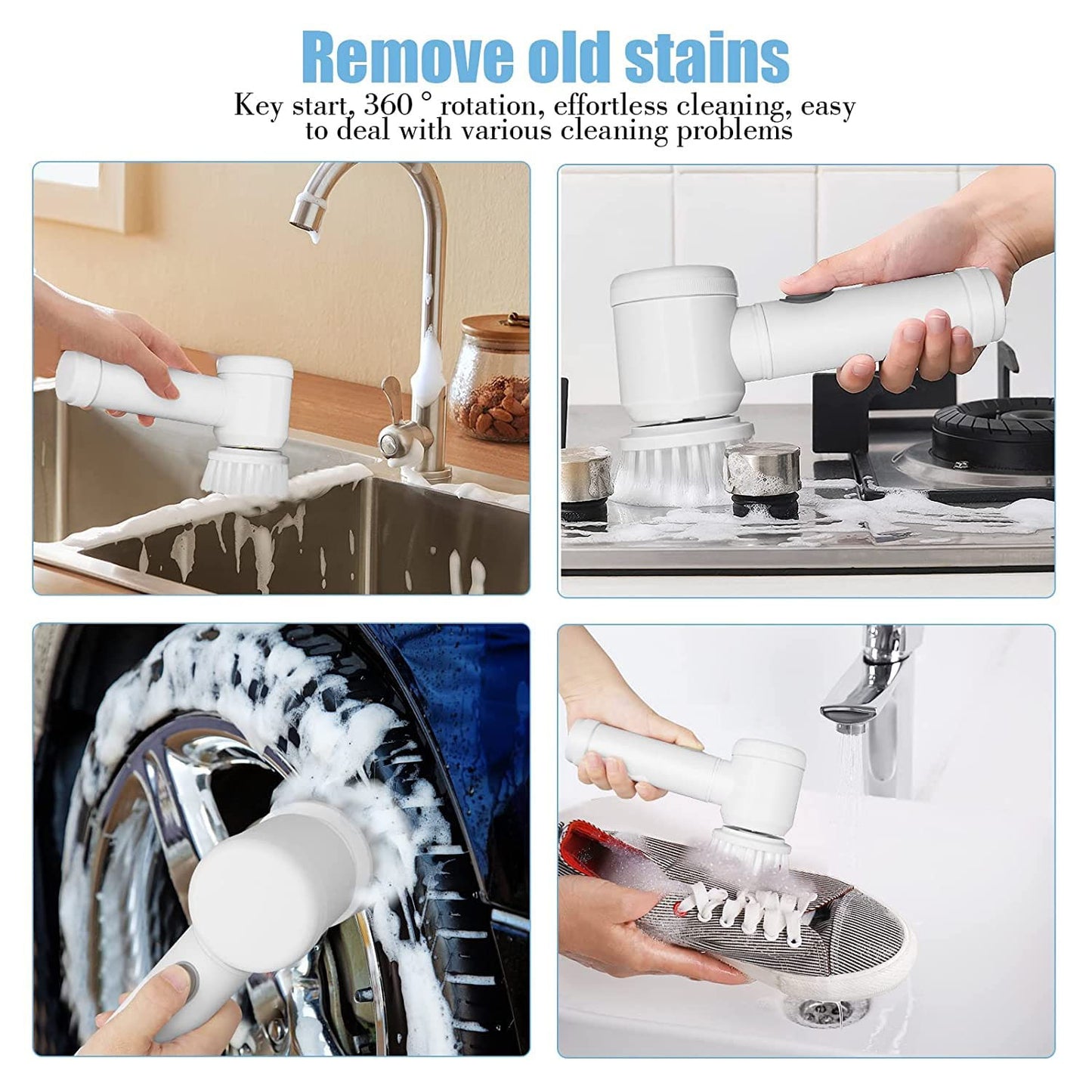 Wukusy B Grade 5-in-1 electric cleaning spin brush with multiple replaceable heads and ergonomic handle.