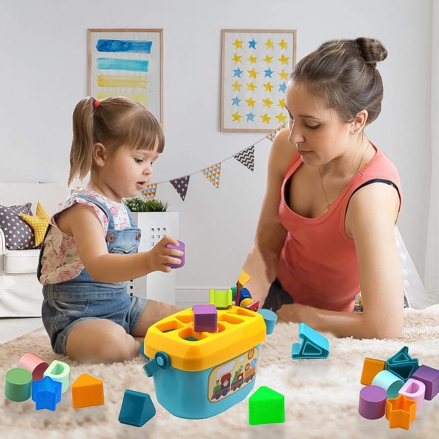Wukusy Baby First Block Set with non-toxic ABC geometric shapes for stacking and sorting, ideal for kids' developmental play.