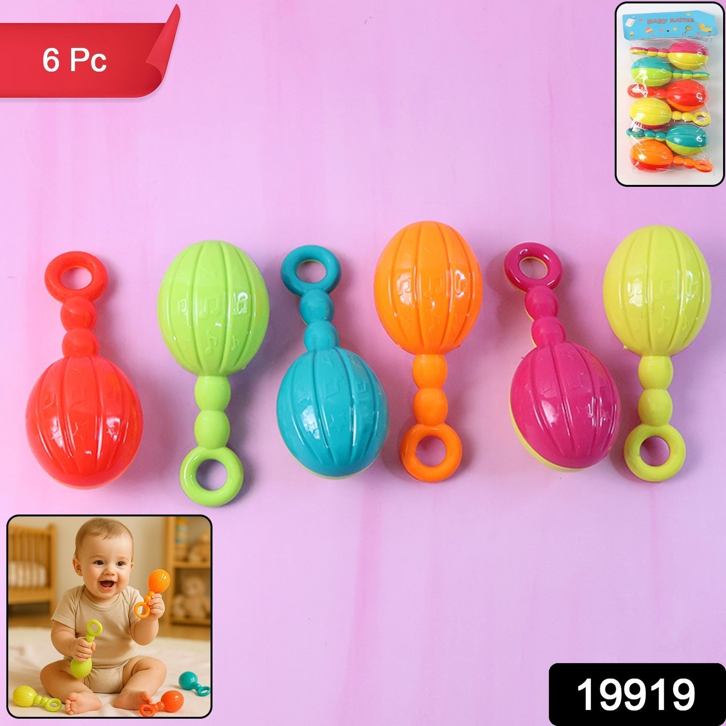 Set of six Wukusy baby hand rattle toys with colorful handles and soft textures for infants' sensory play.