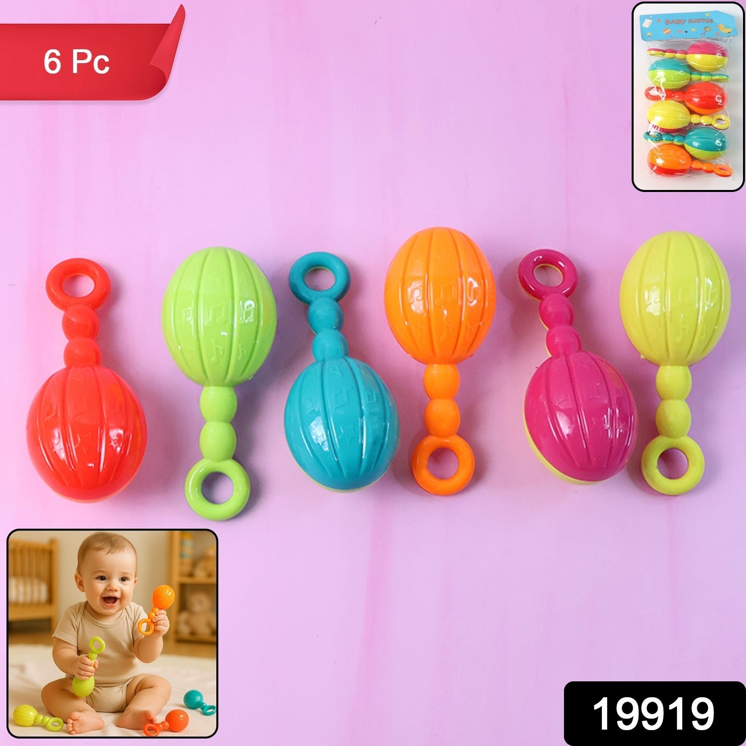 Set of six Wukusy baby hand rattle toys with colorful handles and soft textures for infants' sensory play.