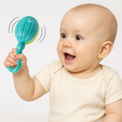 Six-piece set of Wukusy baby hand rattle toys with colorful handles and textured surfaces for sensory development.