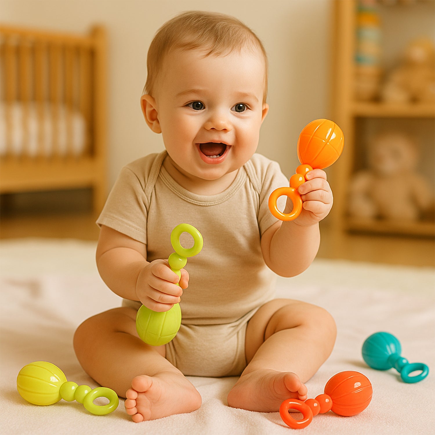 Six colorful Wukusy baby hand rattle toys in a set, featuring soft handles and playful designs for infants.