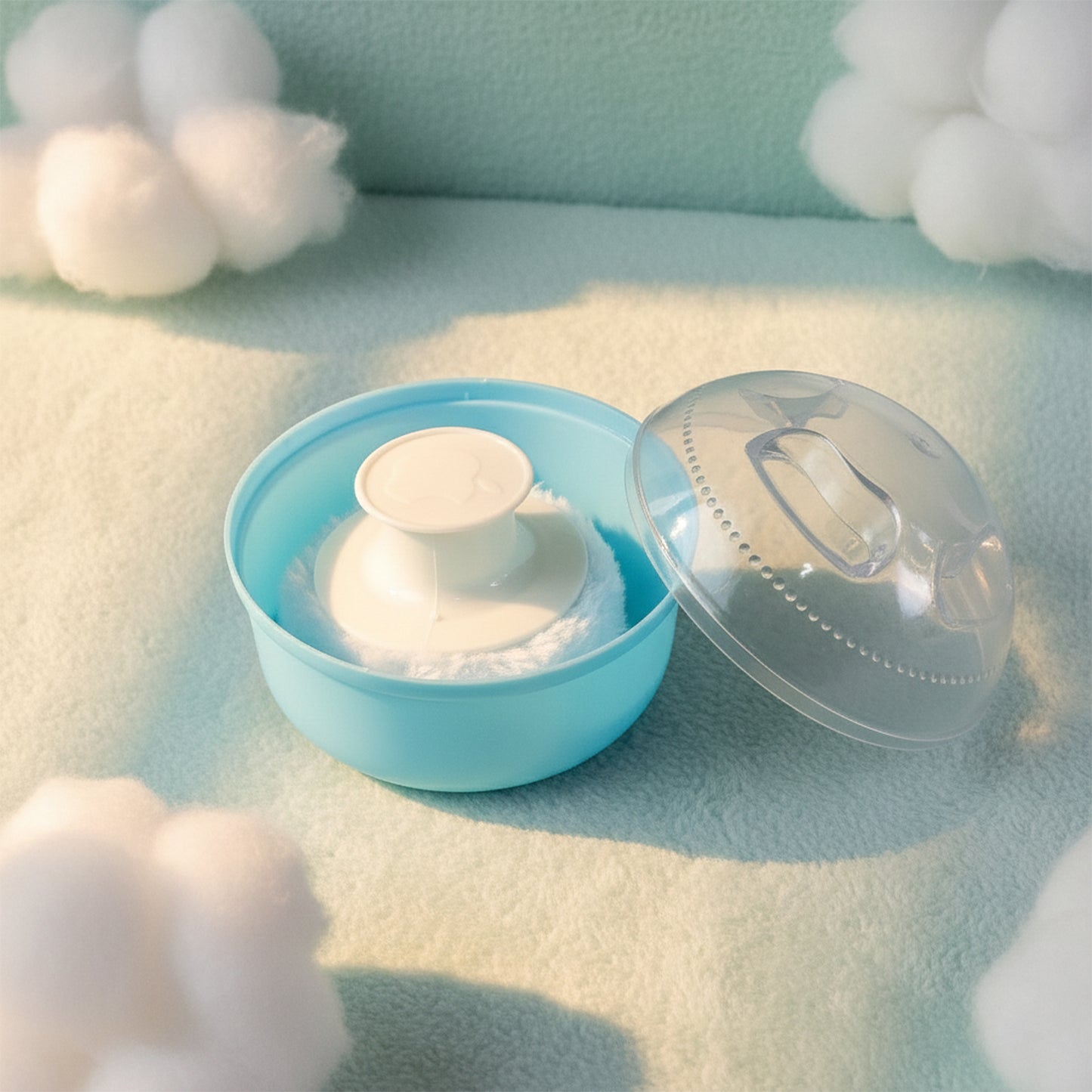 Wukusy baby powder puff storage box set with multiple white containers and a clear lid, ideal for organizing baby powder puffs.