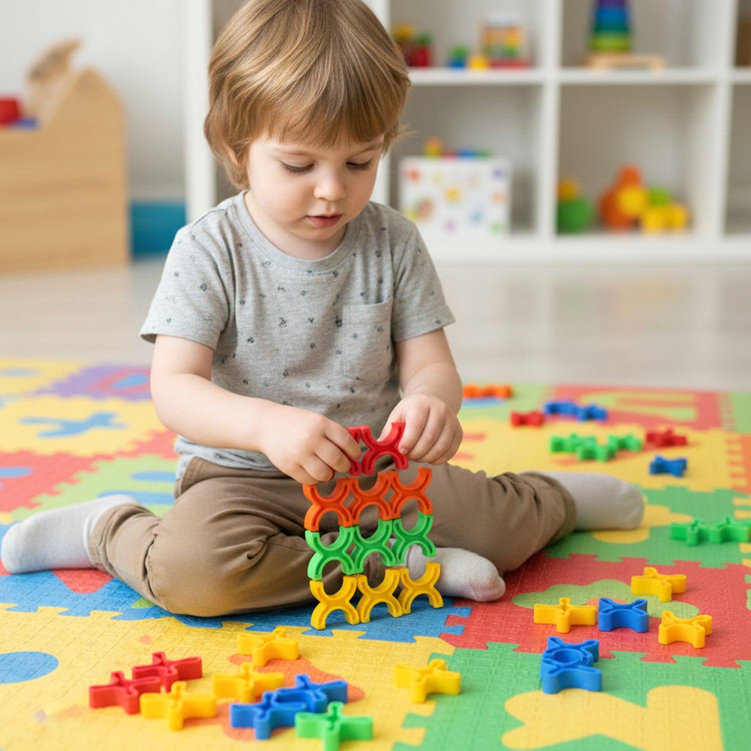 Colorful balanced block interlocking stacking toy by Wukusy, featuring vibrant, multi-shaped pieces for creative play and building.