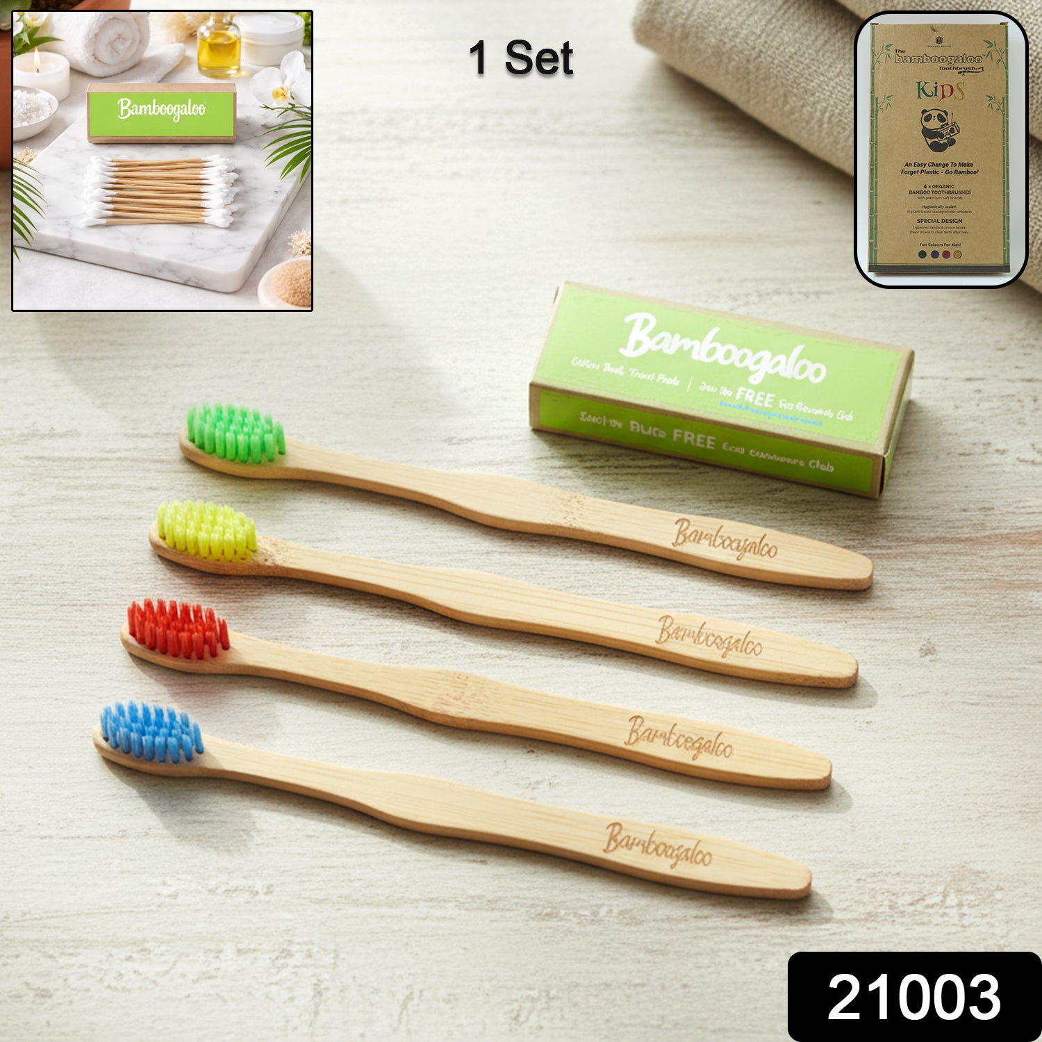 Set of four adult bamboo toothbrushes from Wukusy, eco-friendly toothbrushes with natural bamboo handles.