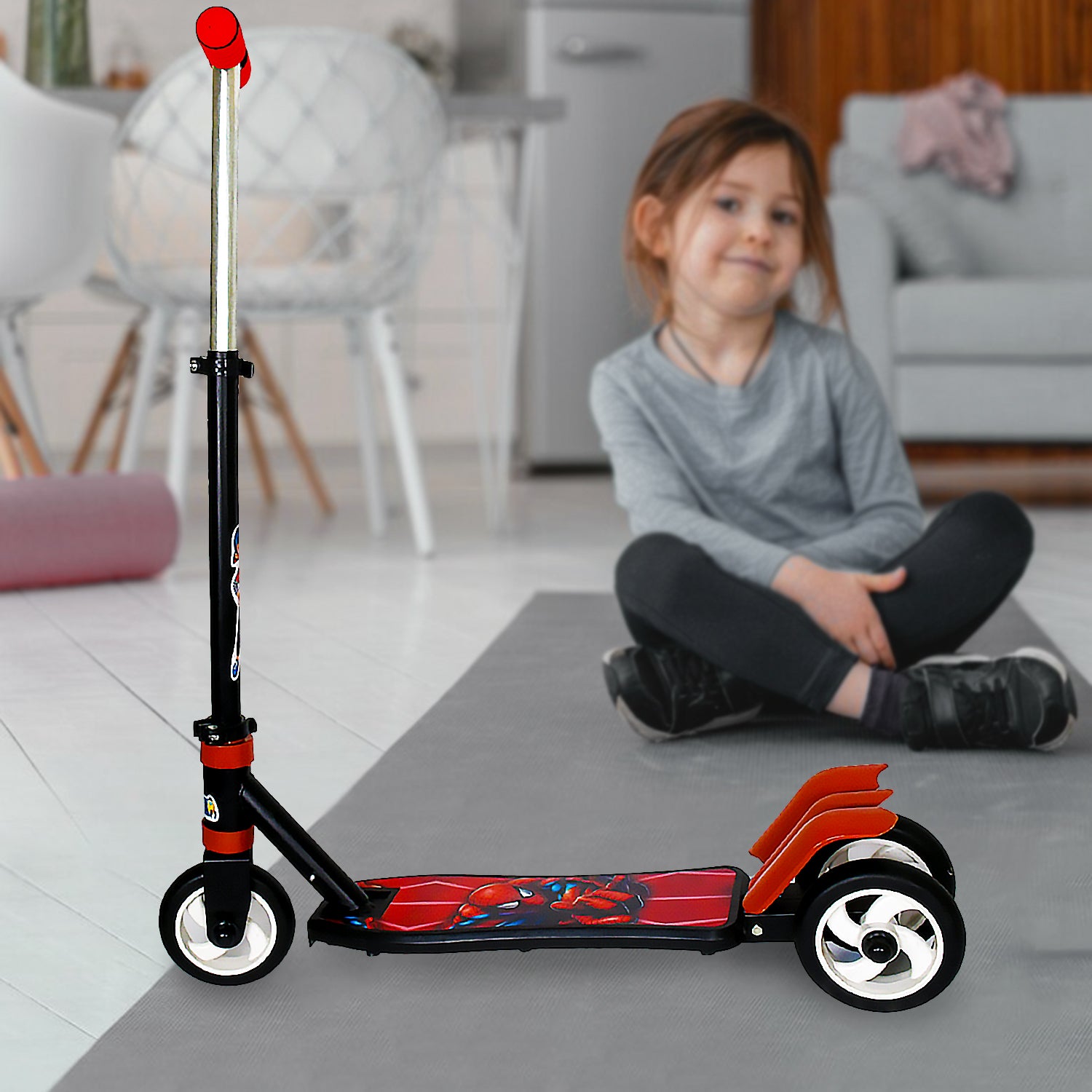 Wukusy foldable kids ride-on leg push scooter with three wheels, multicolor, height adjustable for boys and girls aged 4-8.