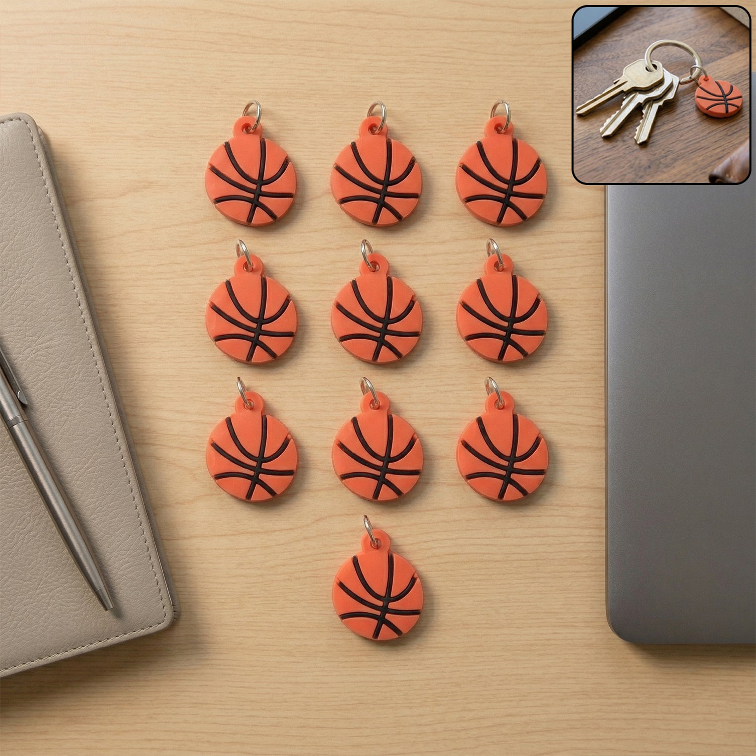 Set of 10 Wukusy basketball design bag charm keychains featuring colorful, sporty basketball-themed accessories for bags and keys.