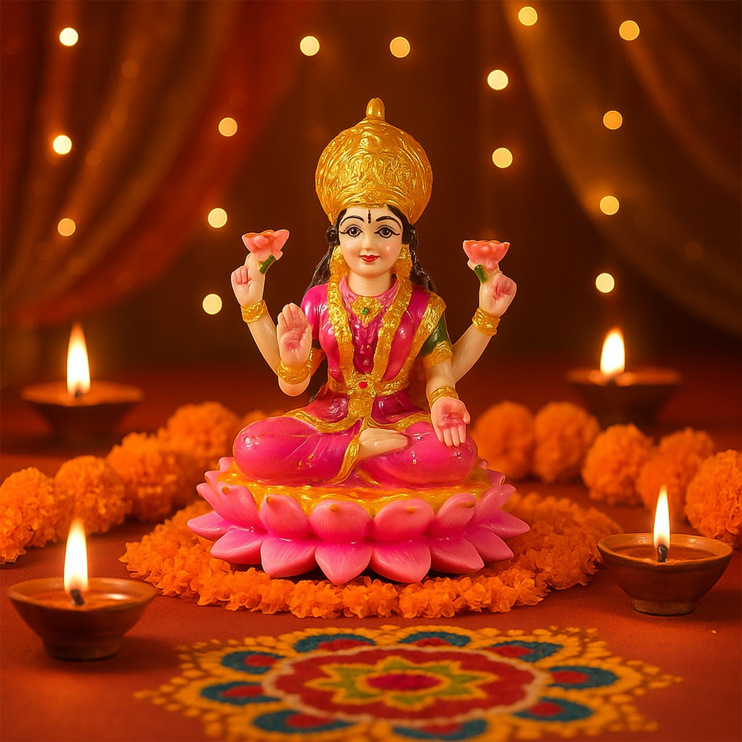 Beautiful decorative Lakshmi Mata idol sitting on a lotus flower, crafted by Wukusy, perfect for home decor.