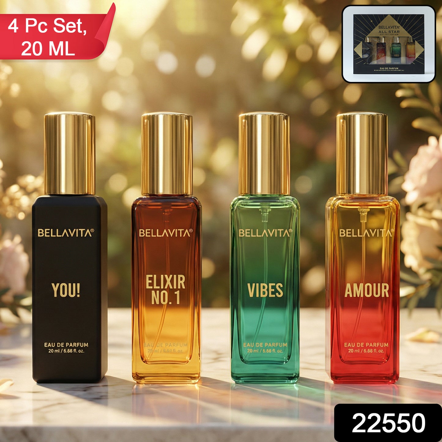 Wukusy Bellavita Premium All Star perfume gift set with four 20ml bottles arranged in a display.