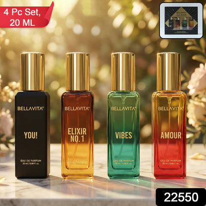 Wukusy Bellavita Premium All Star perfume gift set with four 20ml bottles arranged in a display.