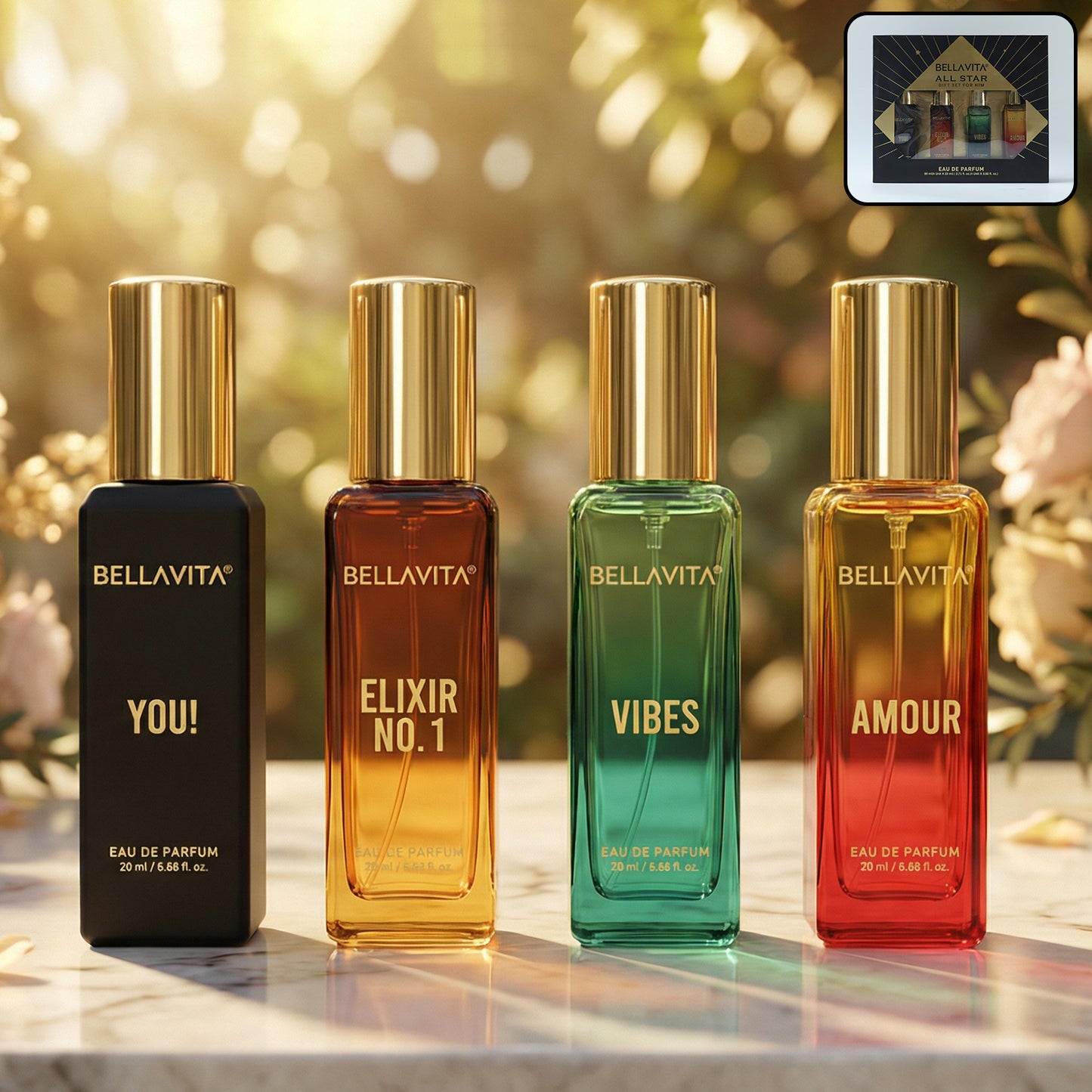 Wukusy Bellavita Premium All Star perfume gift set with four 20ml bottles arranged in an elegant box.