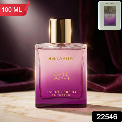 Bellavita Premium Date Woman Eau De Parfum by Wukusy, 100 ml bottle with elegant perfume design on a white background.