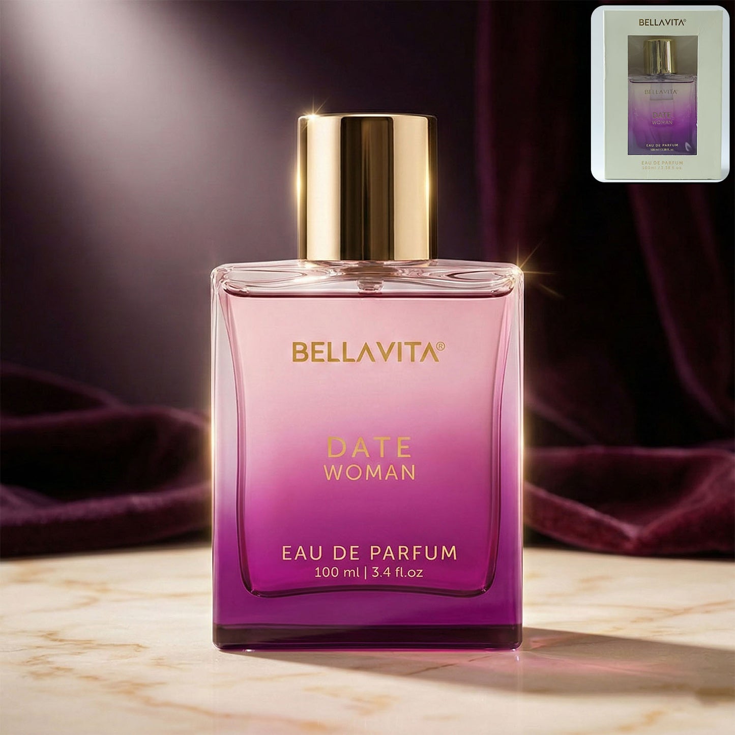 Bellavita Premium Date Woman Eau De Parfum by Wukusy, 100ml bottle with elegant packaging.