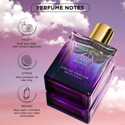 Bellavita Premium Date Woman Eau De Parfum by Wukusy, 100ml bottle with elegant floral and fruity scent.