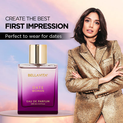 Bellavita Premium Date Woman Eau De Parfum by Wukusy, 100 ml bottle with elegant packaging and floral scent accents.