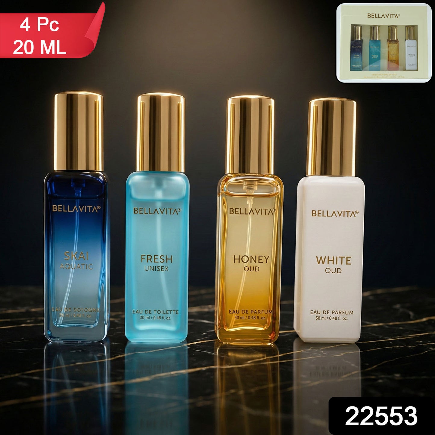 Wukusy Bellavita Premium Luxury Unisex Perfume Gift Set with four 20ml bottles, elegant and versatile fragrance collection