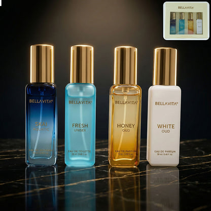 Wukusy Bellavita Premium Luxury Unisex Perfume Gift Set with four 20ml bottles, elegant packaging, and diverse scents.