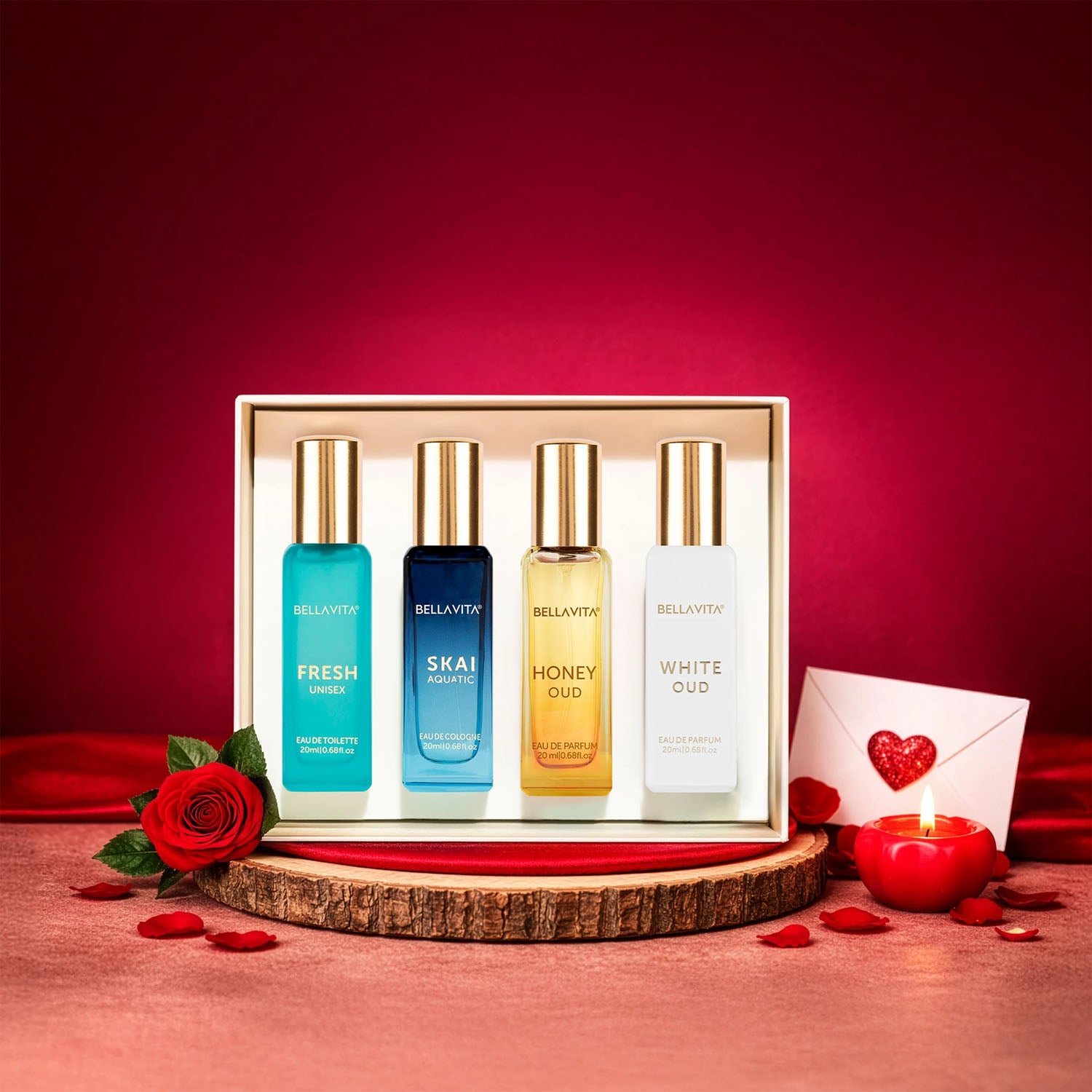 Wukusy Bellavita Premium Luxury Unisex Perfume Gift Set with four 20ml bottles displayed in elegant packaging.
