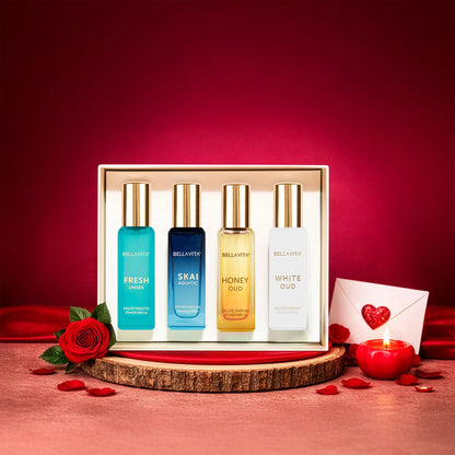 Wukusy Bellavita Premium Luxury Unisex Perfume Gift Set with four 20ml bottles displayed in elegant packaging.