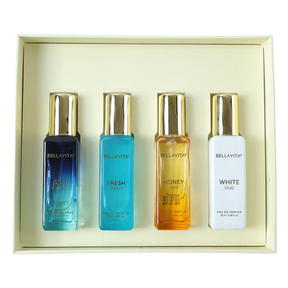 Wukusy Bellavita Premium Luxury Unisex Perfume Gift Set with four 20ml bottles in elegant packaging