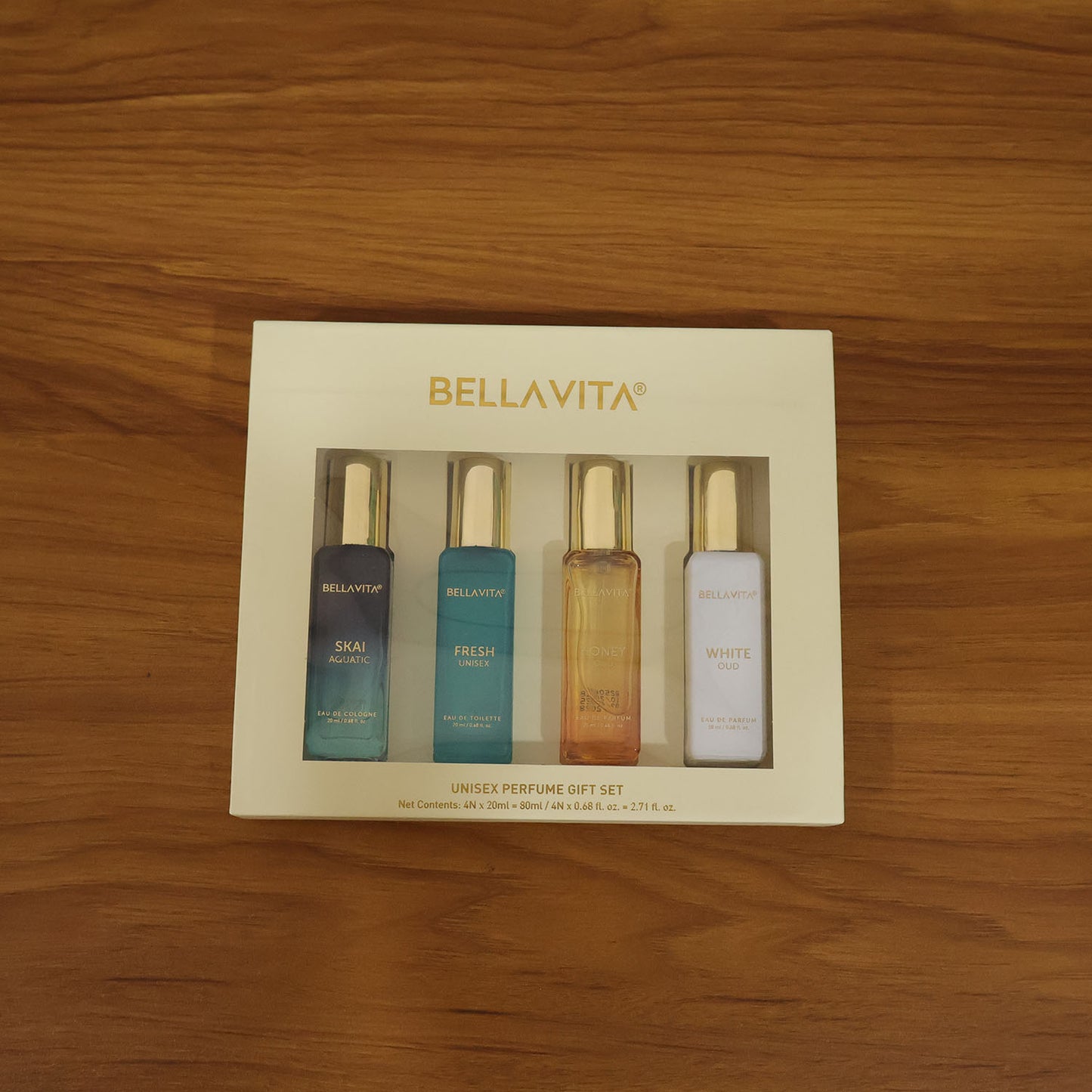 Wukusy Bellavita Premium Luxury Unisex Perfume Gift Set with four 20ml bottles in elegant packaging