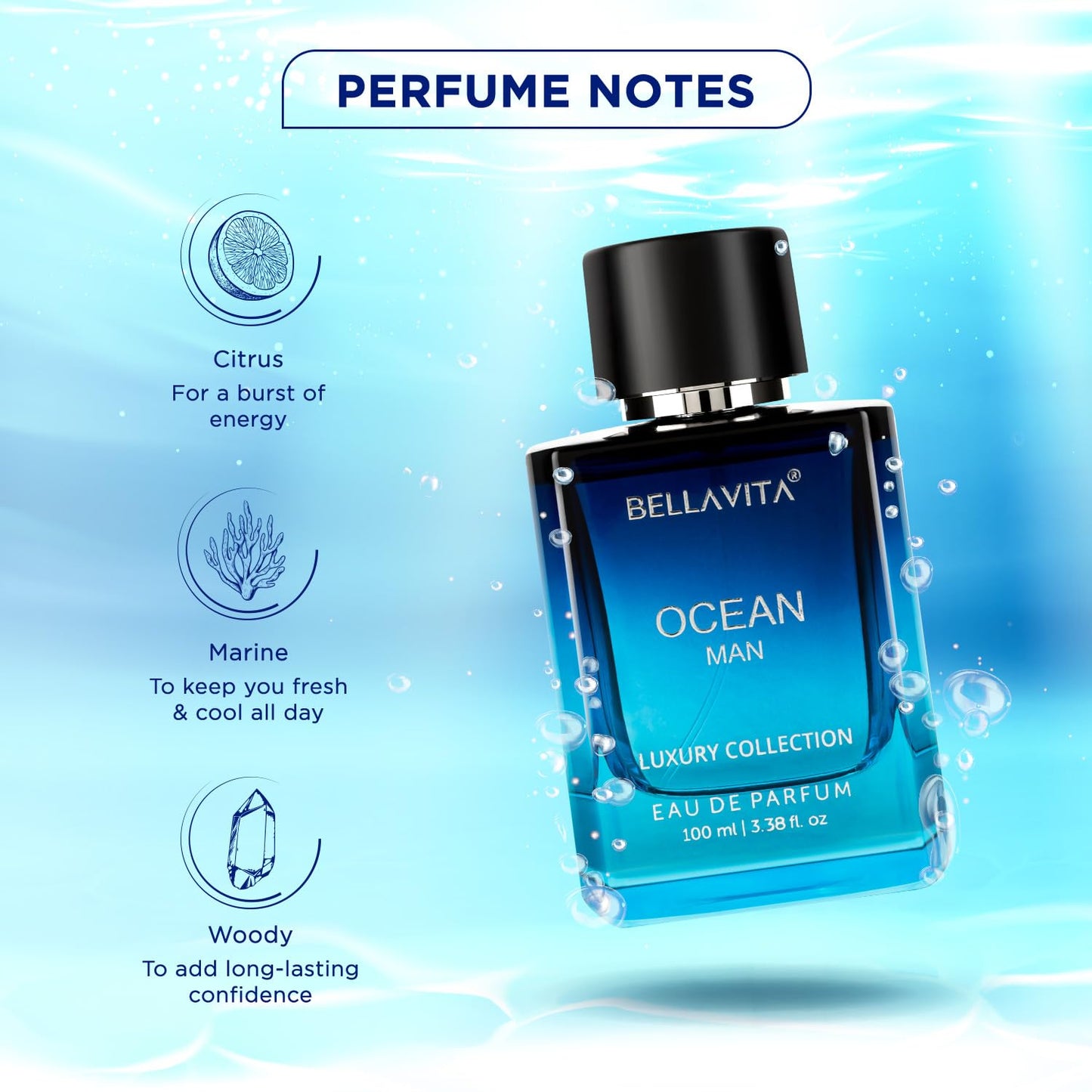 Bellavita Premium Ocean Man Eau De Perfume by Wukusy, 100ml bottle featuring fresh, aquatic fragrance for men.