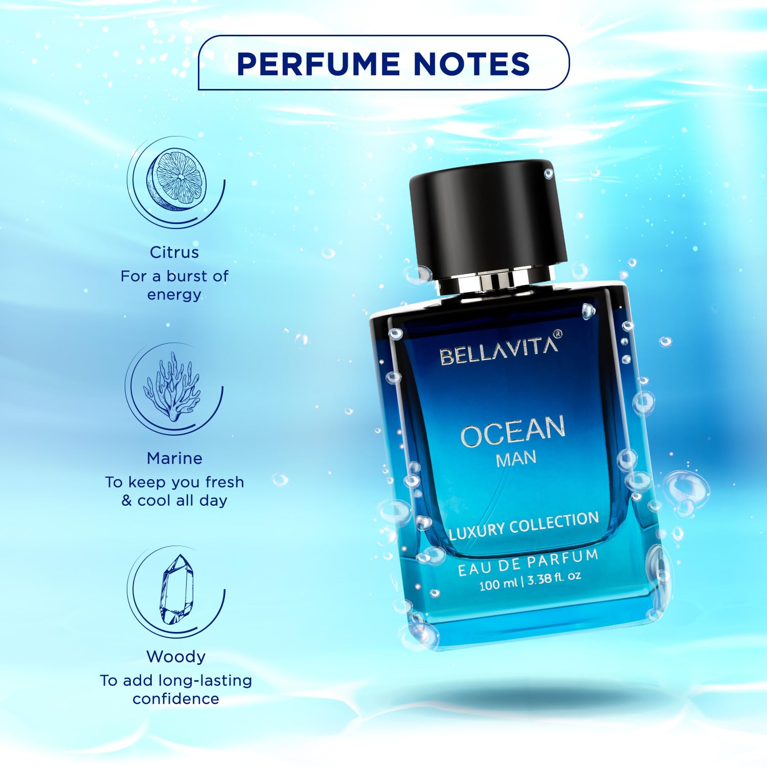 Bellavita Premium Ocean Man Eau De Perfume by Wukusy, 100ml bottle featuring fresh, aquatic fragrance for men.