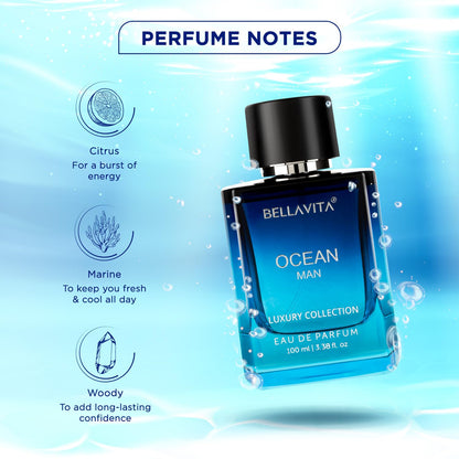 Bellavita Premium Ocean Man Eau De Perfume by Wukusy, 100ml bottle featuring fresh, aquatic fragrance for men.