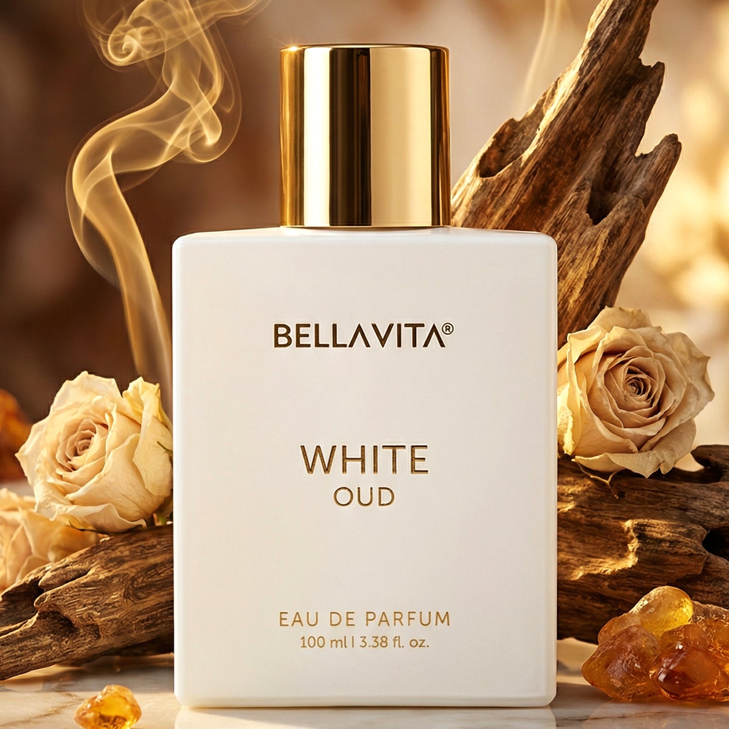 Wukusy Bellavita Premium White Oud Eau De Perfume bottle, 100ml with elegant white packaging and gold accents.