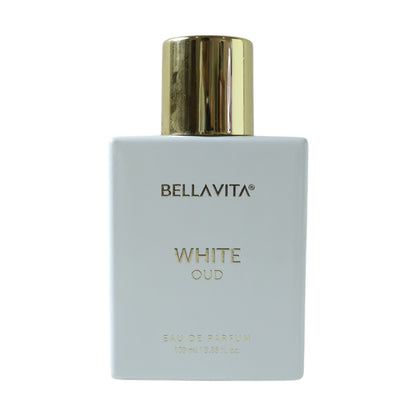 Bellavita Premium White Oud Eau De Perfume by Wukusy, 100ml bottle with elegant white packaging and luxurious scent.