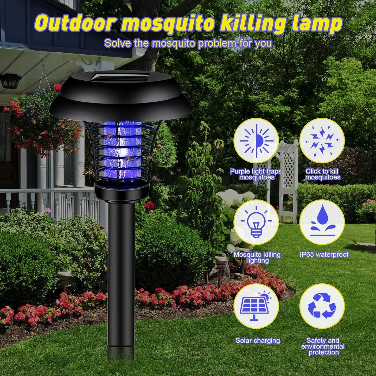 Wukusy solar-powered mosquito trap and bug zapper with UV LED light for outdoor garden pest control.