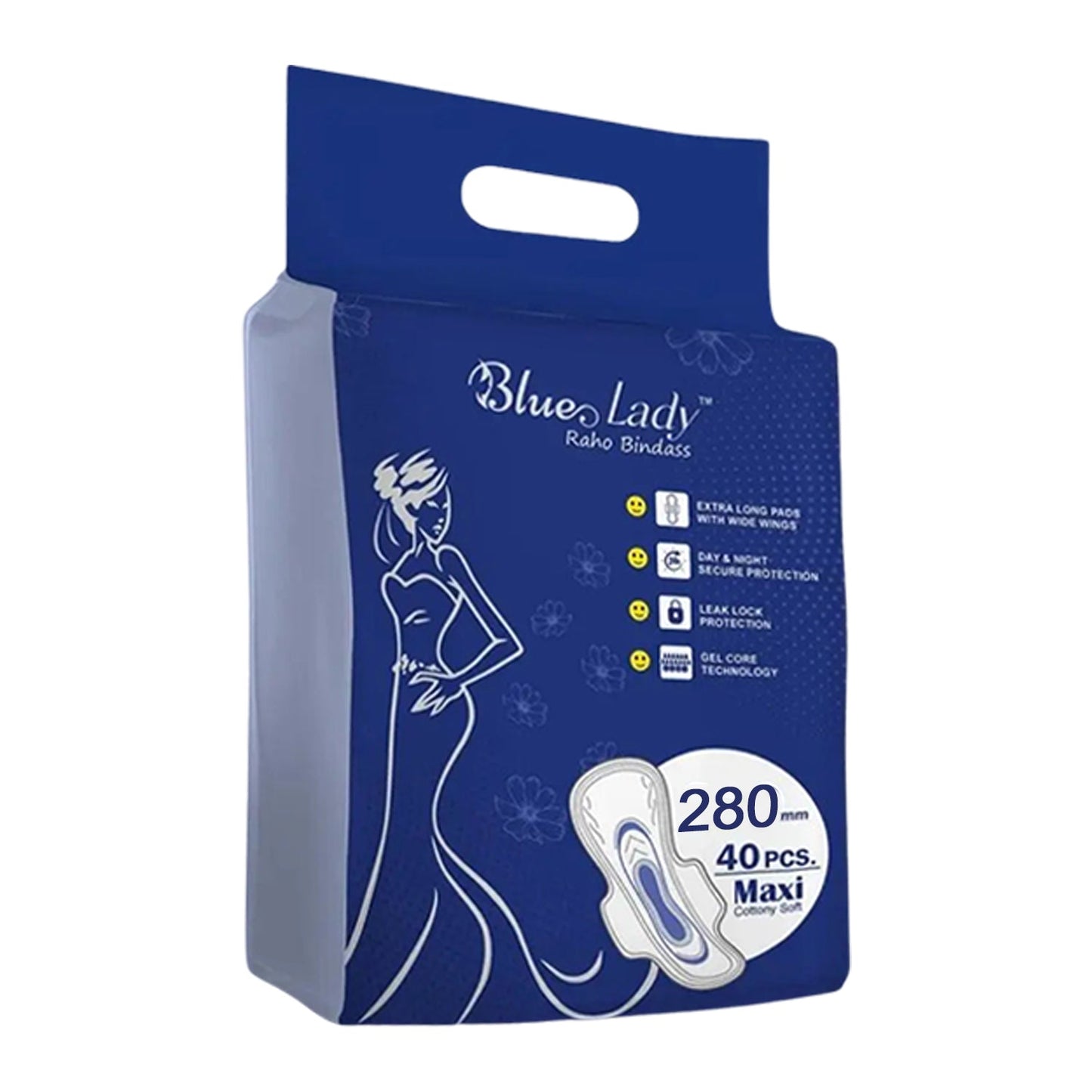 Blue Lady Extra Long Sanitary Pads with Wides Wings by Wukusy, 280mm, in 40-pack, designed for maximum comfort and protection.